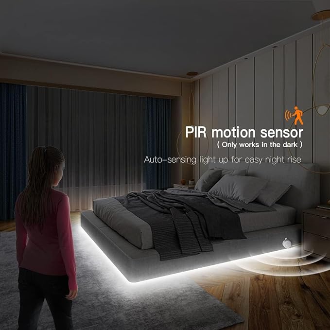 5V USB Motion Sensor COB LED Light Strip 3.3FT/1M Motion Activated Indoor Under Bed Lights Under Cabinet Lights 6500K White Neon LED Strip for Stairs, Under Bed, Closet, Cabinet