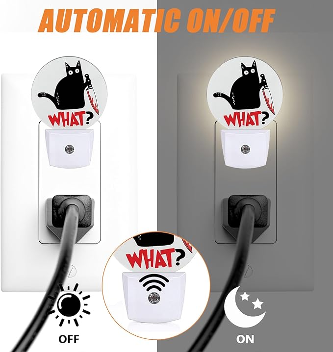 Funny Black Cat and Knife What Night Light,Nightlight Plug into Wall LED Lamp Auto Sensor Dusk to Dawn for Bedrooms/Kitchens/Toilets/Corridors,Energy-Saving