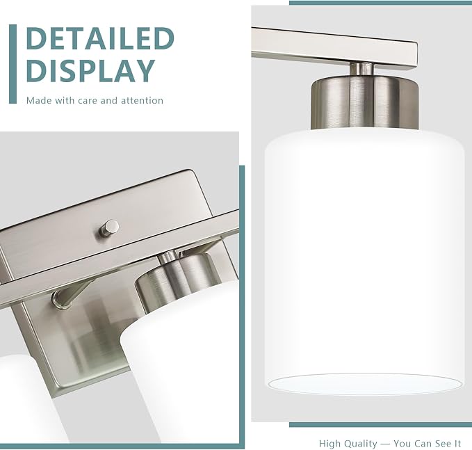 Brushed Nickel Bathroom Light Fixtures Vanity Lighting Over Mirror | 3-Light Modern Wall Sconces with Milky White Frosted Glass Shades for Restroom (E26 Socket)