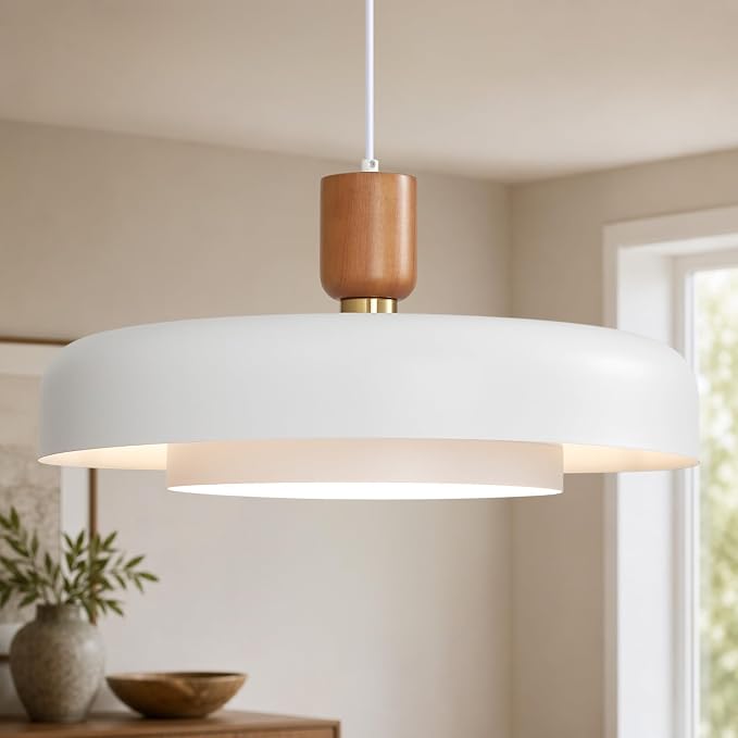 Mid Century White Pendant Light: 20" 2-Tiered Modern Nordic Metal Lighting | Wood Brass Iron Hanging Ceiling Light, Kitchen Pendant Lighting Over Island, Dining Room Bedroom Hallway Entryway Chandelier