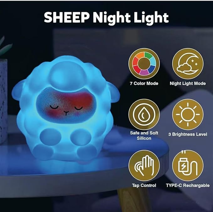 Rechargeable Sheep Night Light for Kids Gift, Soft Silicone Touch LED Lamp, 7 RGB Colors Changing with 3 Adjustable Brightness, Cute Animal Nursery Bedside Nightlight