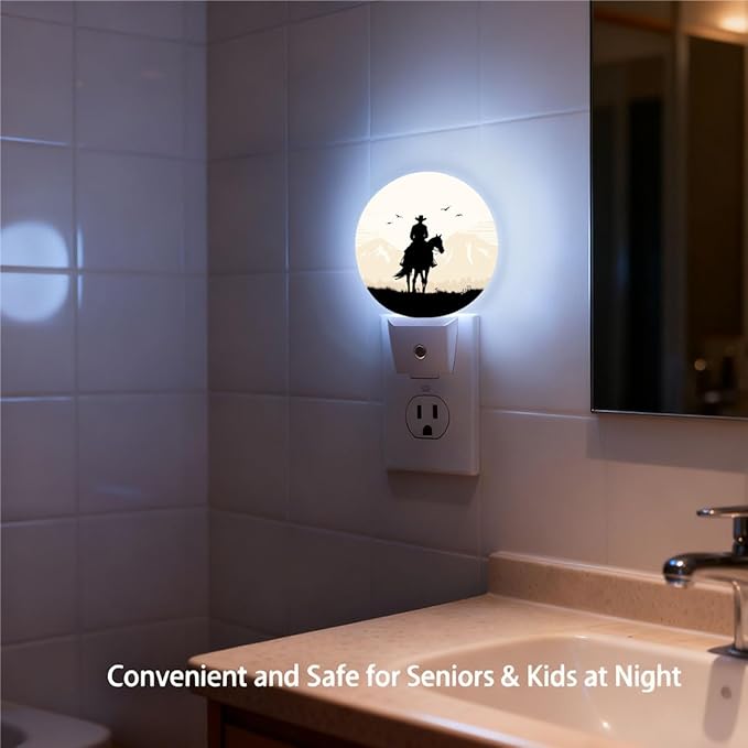 Plug-in Cowboy on Horseback Night Light Vintage Western Scene Night Lights Plug into Wall with Auto on/Off Sensor, 0.5W LED Nightlight for Bedroom Bathroom Kitchen Hallway