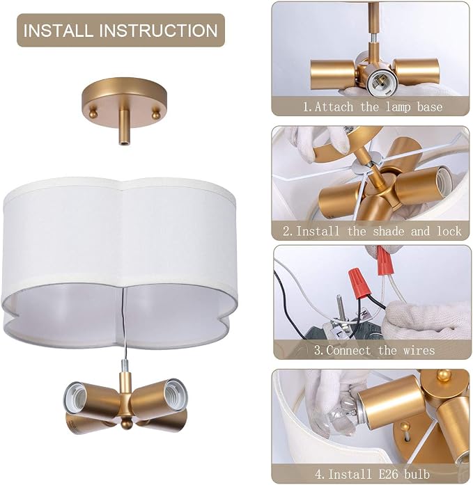 VILUXY Modern Flush Mount Ceiling Light Fixture Farmhouse White Fabric Semi Ceiling Lamps with Gold 4 Lights Drum Shade for Bedroom Dining Room Entryway Hallway Nursery