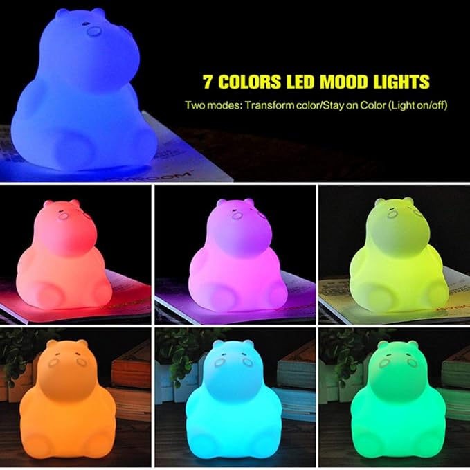 Hippo Night Light Touch Sensor Bedside Lamp Led Cartoon Breathing Night Lamp USB Rechargeable Silicone Light for Kids Bedroom Nursery Reading Decorative Animal