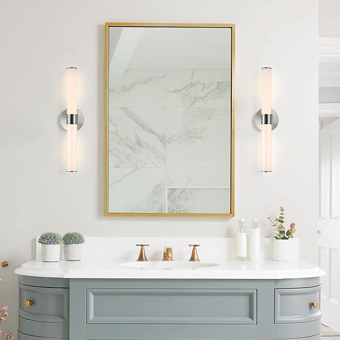 JONATHAN Y 20.13" Nickel/White 1-Light Integrated LED Vanity Light, Mid-Century Modern Iron Sconce with Frosted Acrylic Shade, Dimmable Bathroom Light Fixture for Mirror, 3000K (JYL7119B)