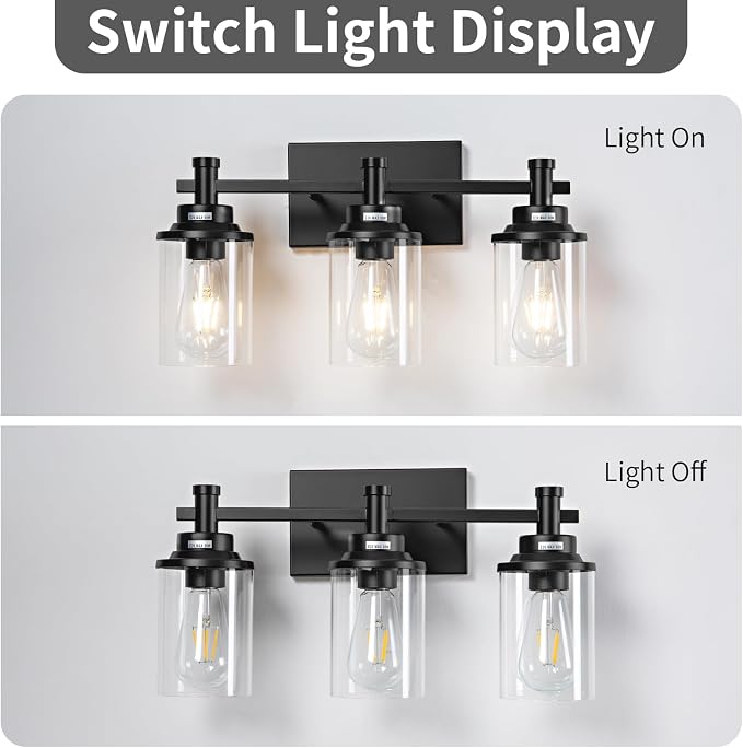 3 Light Bathroom Light Fixtures, Modern Black Vanity Lights Over Mirror, Wall Sconce with Clear Glass Shade and Metal Base, Vanity Lights for Bathroom, Wall Lamp for Mirror Bedroom Hallway