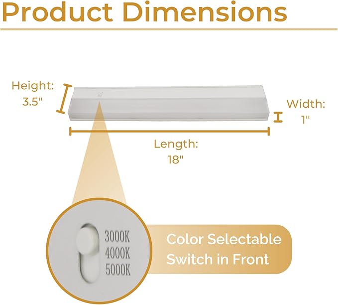 18-Inch Dimmable Under Cabinet LED Light, Hardwired Installation Only, Color Selectable - Soft White(3000K)/ Bright White(4000K)/ Daylight White(5000K), 10W, White Finish
