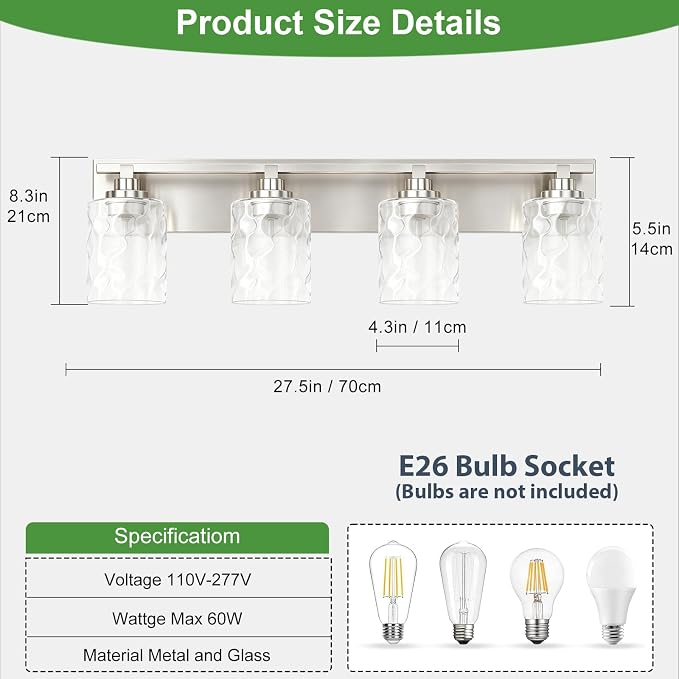 Modern Bathroom Lighting Fixtures Over Mirror, Vanity Lights for Bathroom, Wall Sconces with Clear Glass Shades, E26 Ceramic Socket, 4-Light 27.5-inch Brushed Nickel