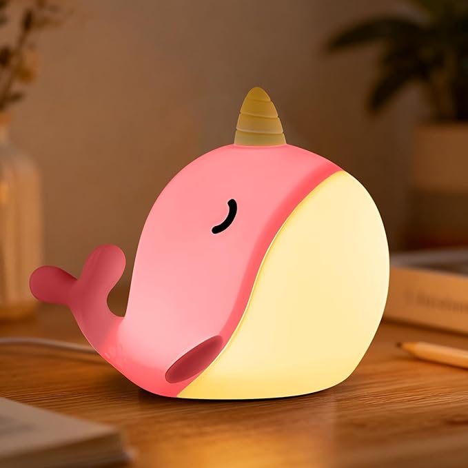 Cute Narwhal Night Light, Tap Control with 3 Warm White Brightness, USB Kids Bed Lamp with 30-Minute Timer, Soft Silicone Glow for Nursery, Birthday Gift(Pink Narwhal)