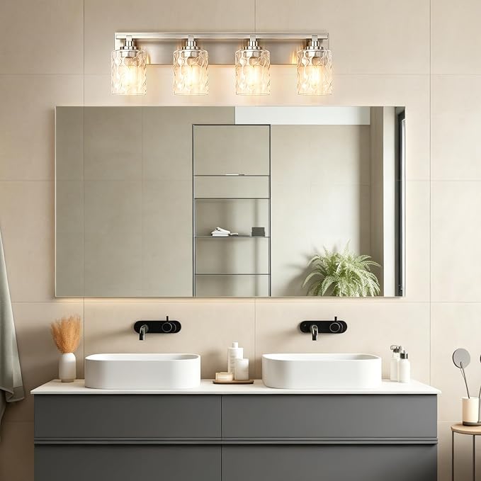 Modern Bathroom Lighting Fixtures Over Mirror, Vanity Lights for Bathroom, Wall Sconces with Clear Glass Shades, E26 Ceramic Socket, 4-Light 27.5-inch Brushed Nickel