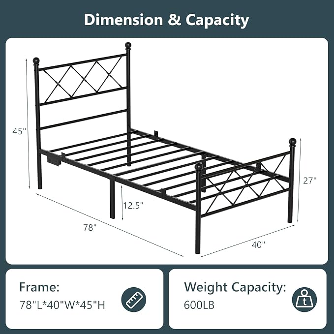 VINGLI Twin Bed Frame with LED Lights & Charging Station, Metal Platform Bed Frame with Headboard, USB Ports, Under Bed Storage, Noise Free, No Box Spring Needed, Easy Assembly, Black