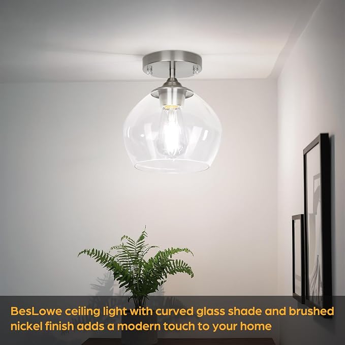 Modern Semi Flush Mount Ceiling Light Fixture, Brushed Nickel | Clear Glass Shade, Quick & Easy Installation, Premium Quality, Perfect for Hallway Kitchen Entryway Laundry