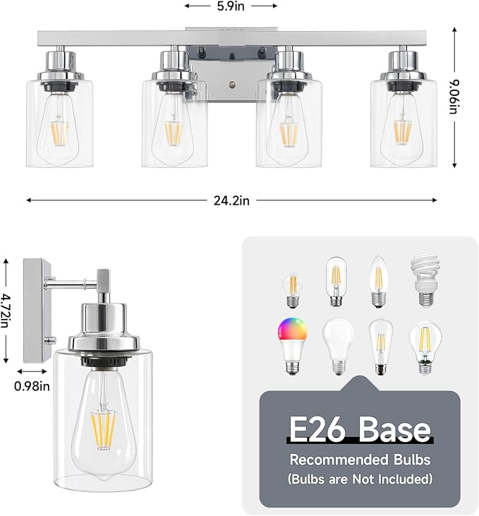 4-Light Chrome Vanity Lights,24" Bathroom Light Fixtures | Modern Polished Chrome Bathroom Lighting over Mirror with Clear Glass Shades,Farmhouse Bathroom Wall Sconece over Sink,E26