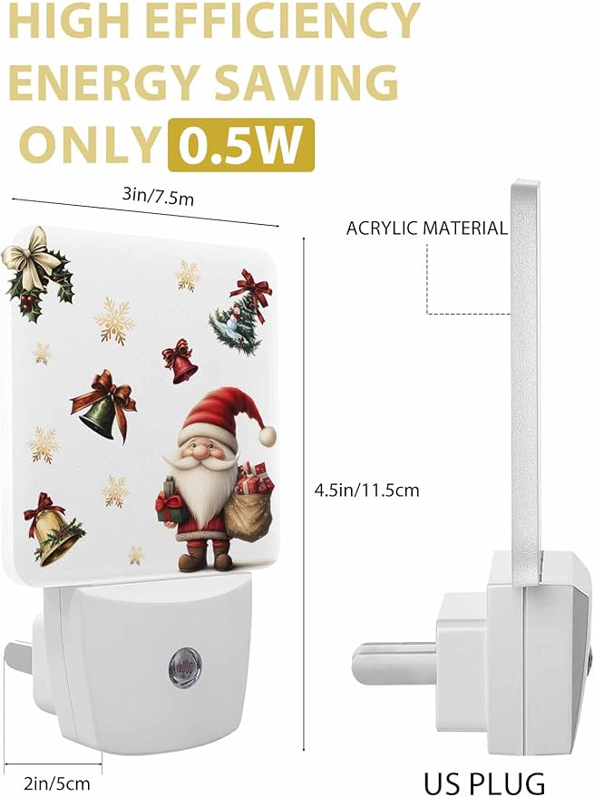 Christmas Night Lights Plug into Wall LED Night Light Santa Claus with Gift Snowflake Bell Winter Automatic Dimmable Dusk-to-Dawn Square Shaped Smart Nightlight for Bathroom/Bedroom