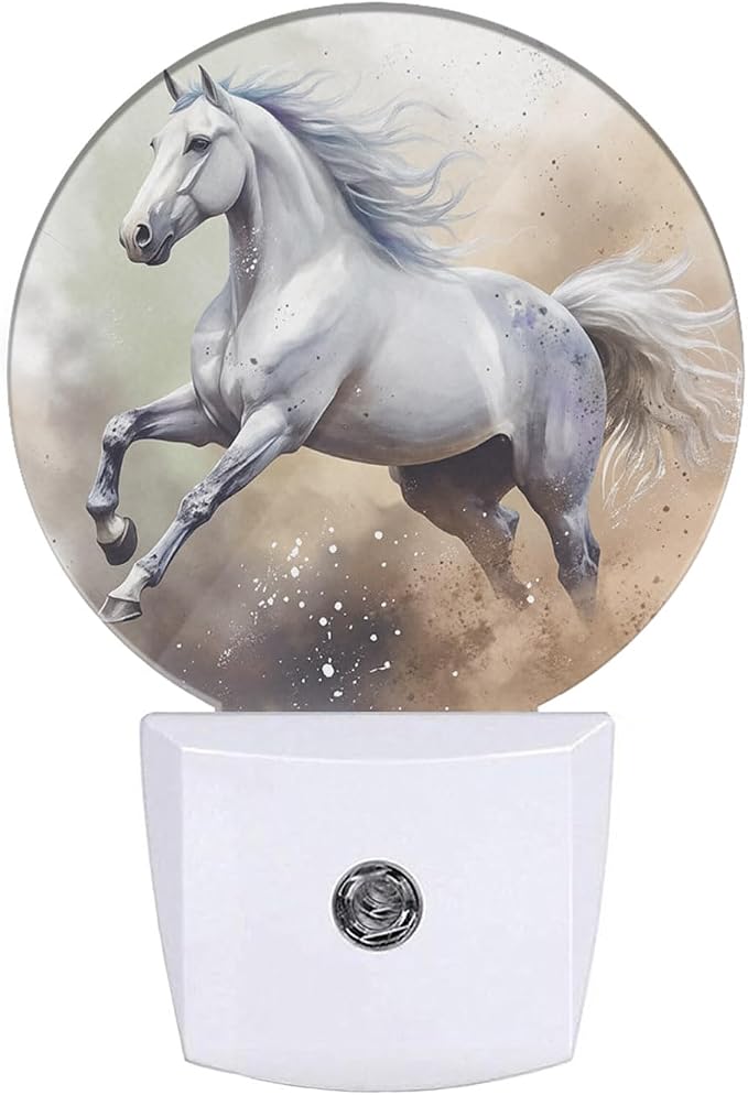 EKOBLA Running Horse Night Light, White Horse Night Lights Plug Into Wall with Dusk to Dawn Light Sensors, Warm Nightlights for Bedroom, Bathroom, Hallway, Kitchen