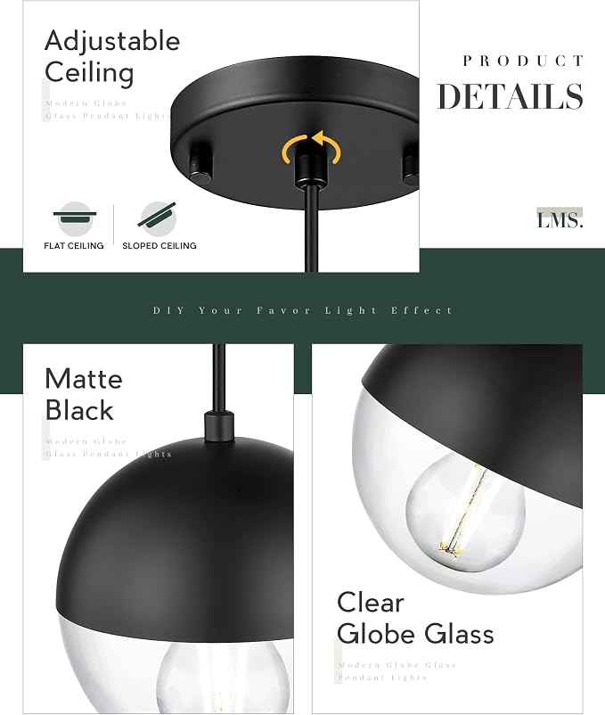 6-inch Modern Pendant Light, Matte Black Kitchen Pendant Light with Clear Globe Glass, Adjustable Hanging Farmhouse Pendant Light Fixtures for Dining Room Living Room Kitchen Island, LMS-186BKCS