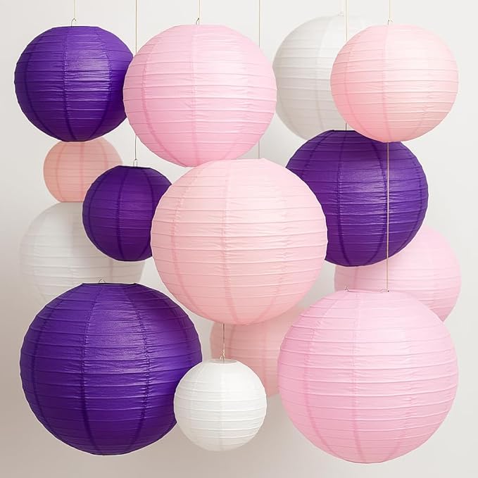 16 Pcs Paper Lanterns Hanging Round Purple Paper Lantern Decorative 6" 8” 10”12" Four Colors Chinese Lanterns for Birthday Wedding Party Decoration Baby Showers Valentine Indoor Outdoor