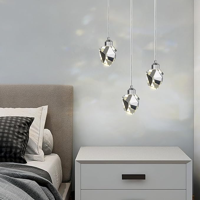 Modern Crystal Pendant Light, 3-Color LED Crystal Pendant Lamp, Adjustable Height Silver Ceiling Hanging Lamp, for Kitchen Island Bedroom Living Room Dining Room Lighting (3-Head Round Base)