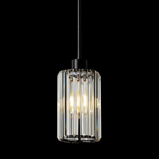 5.1" Mini Modern Matte Black Crystal Kitchen Island Pendant Light | Small Crystal Glass Shade, Sparkling Crystal Reflections, Customizable Hanging Height, Fits Most Ceilings, Matte Black Finish