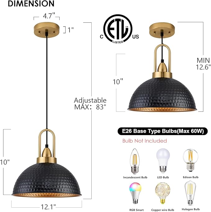 Black Pendant Lights Kitchen Island Industrial Adjustable Height Vintage Farmhouse Dome Hanging Light Fixtures for Barn, Dining Room 1 Pack