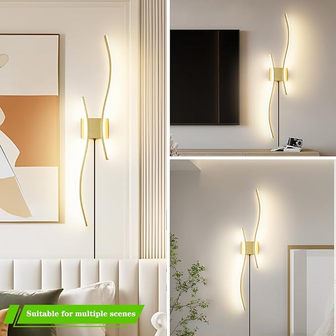 Daunton Modern Gold Plug in Wall Sconces Set of 2 - Smart Dimmable LED Wall Lights with Remote, 3CCT Adjustable & Memory Function, Timer Setting - No Wiring Needed for Living Room, Bedroom, Hallway