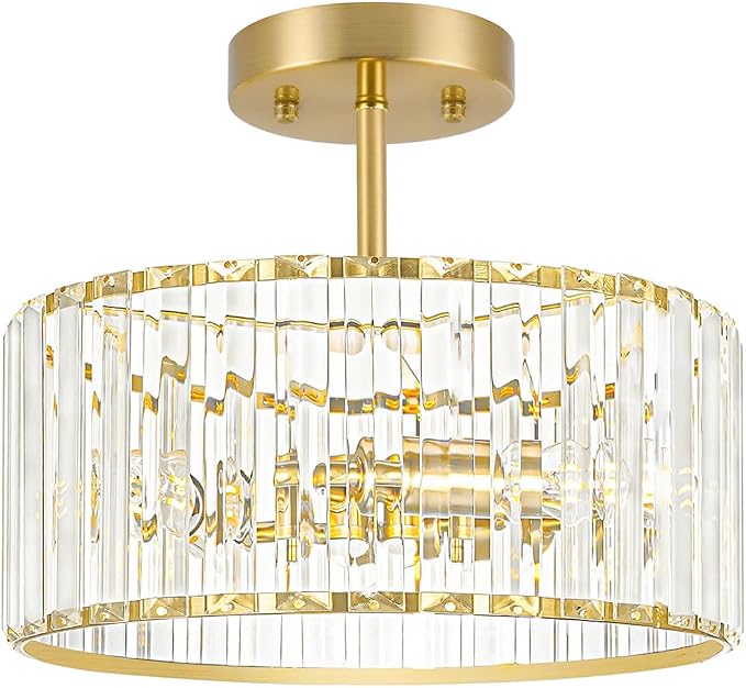 Lxybcce Modern Crystal Ceiling Light, Brushed Gold Semi Flush Mount Ceiling Lighting Fixture, Brass Hallway Light Fixtures Chandelier for Kitchen, Bedroom Dining Room Hallway Closet, 3-Light, 12 Inch