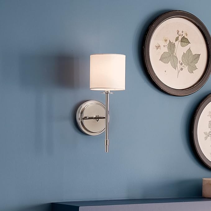 Kichler Ali 1 Light Wall Sconce in Polished Nickel with White Fabric Shade for use in Bathrooms, Bedrooms, Kitchens, Dining Rooms and Hallways, 52505PN