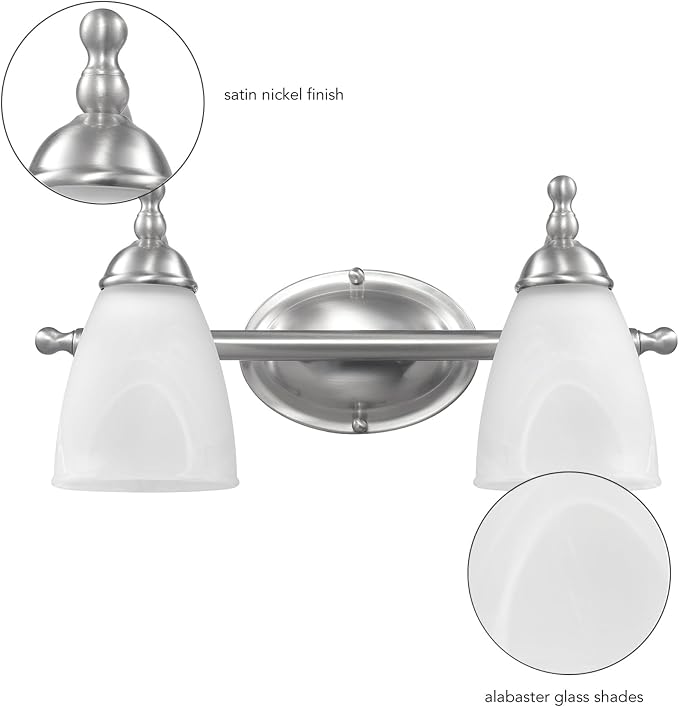 Globe Electric 63000104 3-Piece Bath Accessories, Satin Nickel Finish, 15" 2-Light Vanity Light, Alabaster Glass Shades, Toilet Paper Holder, Towel Ring, Bathroom Décor, Home Essentials