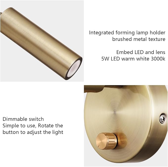Surface Wall Mounted Reading Light Sconces Lamp Physical Knob Dimmer Switch LED 5W Warm White 3000K (Bronze Hardwired)
