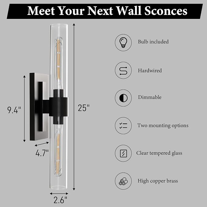 Black Brass Bathroom Wall Sconce: Modern Linear Dimmable Lighting Fixtures | Clear Glass Tube Light, Vertical or Horizontal Mounted Vanity Sconces for Indoor Living Room Hallway Bedroom Decor