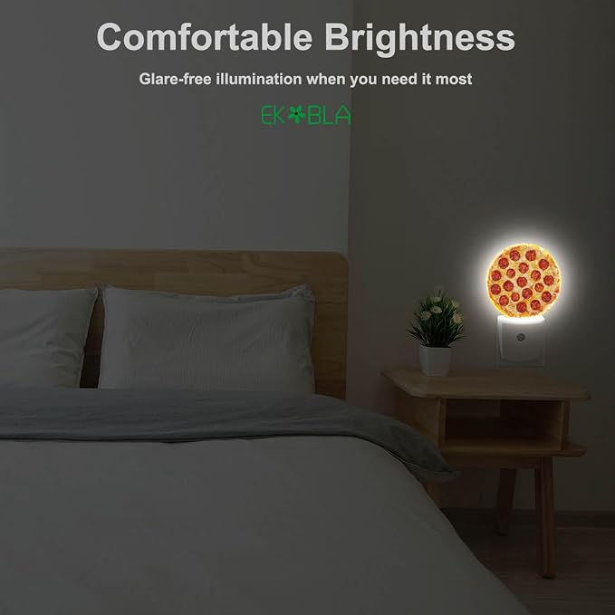 EKOBLA Pizza Night Light, Cheese and Sausage Food Pattern Night Lights Plug Into Wall with Auto Sensor for Teens Room and Novelty Gift
