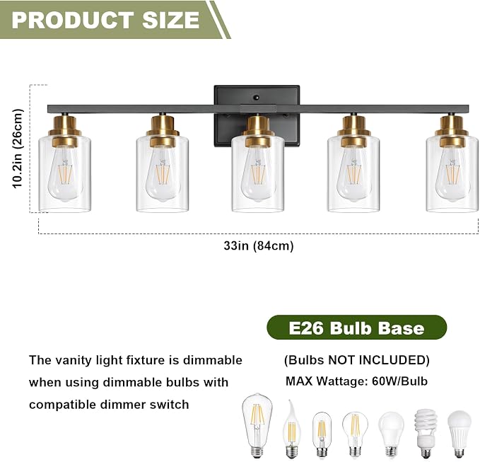 Modern Bathroom Light Fixtures, 5 Light Vanity Lights Over Mirror, Black and Gold Wall Lamp with Clear Glass for Living Room Cabinet Bedroom Porch