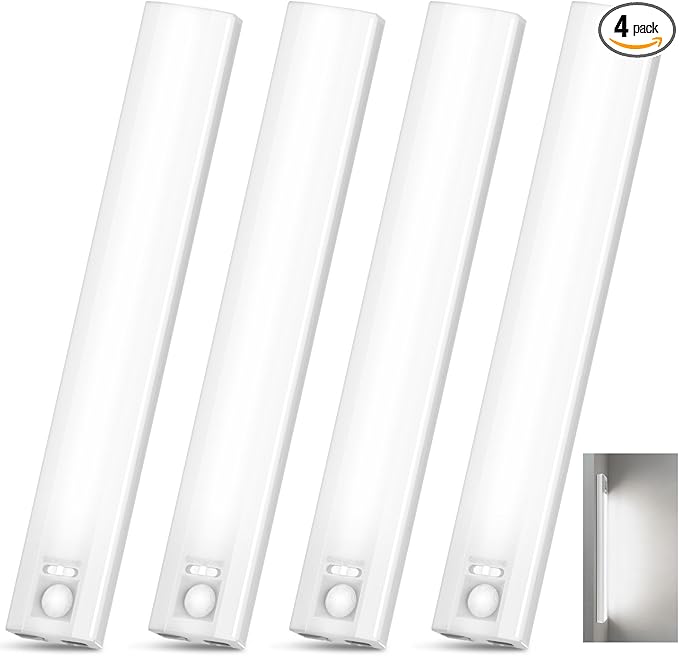 10” Under Cabinet Lighting, 68LEDS Motion Sensor Light Indoor, Rechargeable Battery Magnetic Closet Light, Wireless Under Counter Lights for Kitchen, Stairs, 4-Pack Daylight