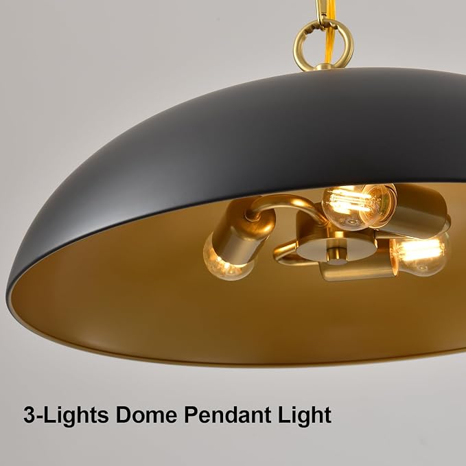 20in Black and Gold Dome Pendant Light, Large 3-Light Chandelier | Industrial Matte Black Oversized Pendant Light Fixture Ceiling Hanging Lamp for Kitchen Island Dining Room Over Table 1 Pack