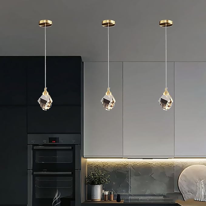Modern Crystal Pendant Light, 3-Color LED Crystal Pendant Light, Adjustable Height Gold Ceiling Hanging Pendant Lamp, for Kitchen Island Bedroom Dining Room (Gold)