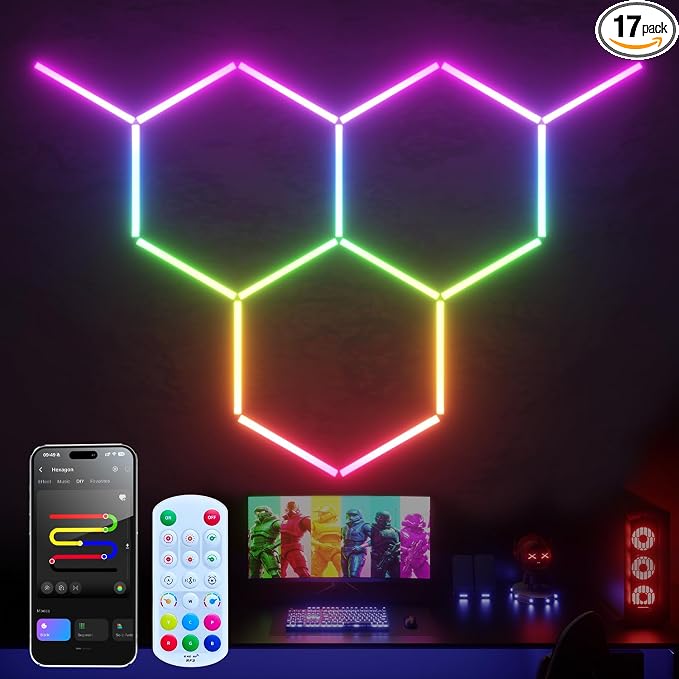 RGB Hexagon Lights 3 Grids, Hexagon Garage Lights with Music Sync Mode, App & Remote Control Honeycomb Lights for Gym Studio Basement Shop Exhibition