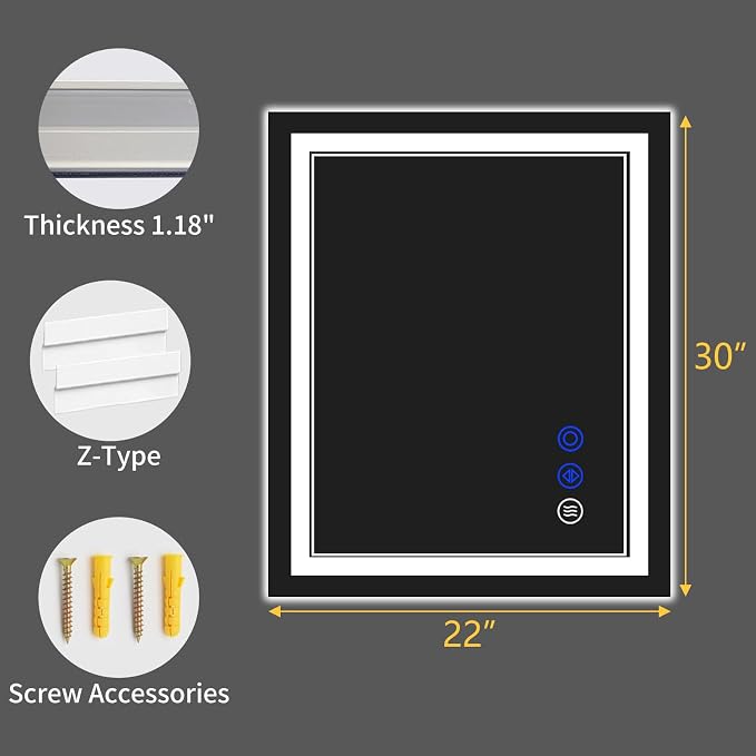 30"x22" LED Bathroom Mirror with Lights,Anti-Fog,3 Color Modes