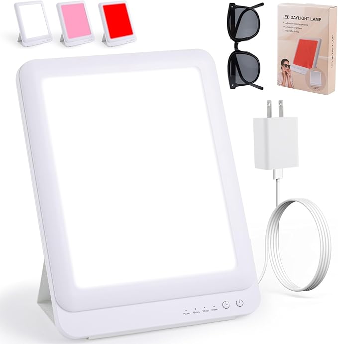 Light Therapy Lamp with Mirror, 10000 Lux UV-Free, 3 Color Modes (Cool/Red/Pink) with Stepless Dimming & Timer, for Home Office Relaxation and Skincare Support