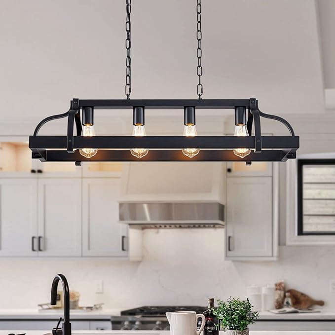 WUZUPS 4-Light Metal Pot Hanging Rack Chandelier Linear Pendant Ceiling Lighting Rustic Farmhouse Fixture Kitchen Island Dining Room, H 9.8" x L 34.6" x W11.8, E26 Base, Black