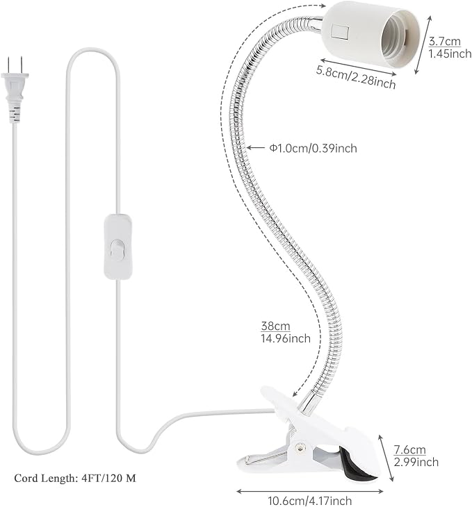 RTNLIT E26/E27 Clip Desk Lamp Holder, Clamp Lamp Fixture with On/Off Switch | Flexible Gooseneck Light Bulb Socket for Reptiles, Aquarium, Desk, Grow Light, 4.1Ft Cable