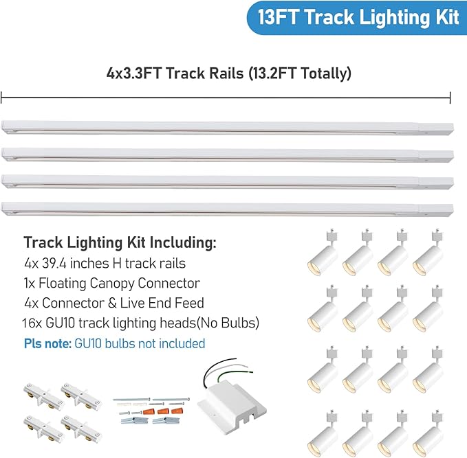 16 Lights LED Track Lighting Kit with 13FT H Track Lighting Rails & Floating Canopy Connector, GU10 Track Light Kit Modern Kitchen Track Lighting Fixtures Ceiling Spot Light, White - No Bulbs