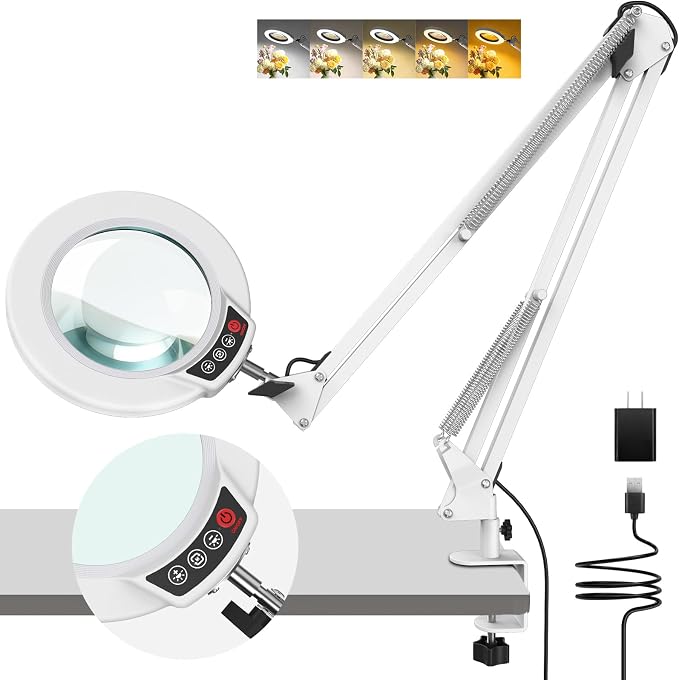 10X Magnifying Glass with Light and Clamp, Real Glass Stand Lighted Magnifier, 2*16 Arm 5 Color Modes Stepless Dimmable LED Desk Lamp Hands Free for Craft Hobby Reading Painting Close Work Large White