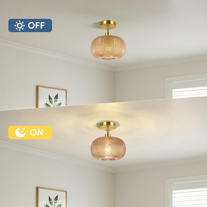 ROTTOGOON Semi Flush Mount Ceiling Light, Adjustable Hanging Gold Sloped Ceiling Lights with Amber Glass Shade Modern Hallway Light Fixtures for Kitchen Bathroom Entryway Bedroom (Bulb Not Included)