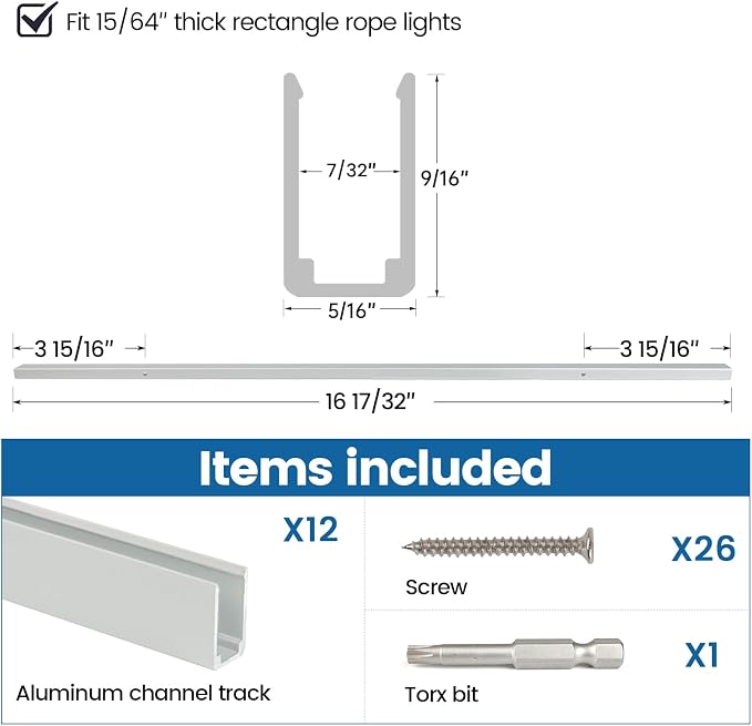Muzata 12 Pack 16.5" Square Aluminum Rope Light Track U122 | Fits 6mm Rectangle Rope Lights, Durable Aluminum Protection, Improved Heat Dissipation, Versatile Lighting Applications