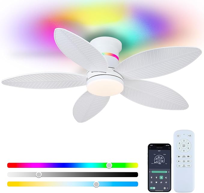 Tropical Palm Leaf RGB Ceiling Fans with Lights 46”, White Flush Mount Ceiling Fan with Light and Remote, 3CCT Dimmable LED&&Side RGB Light, Reversible 6 Speeds, Quite Low Profile Ceiling Fan Party