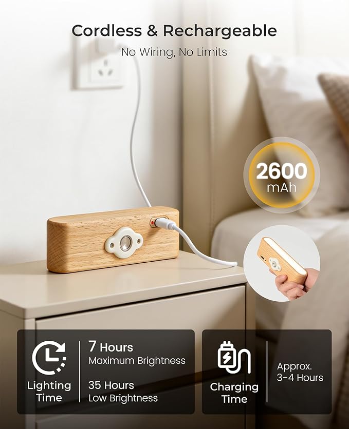 Wood Wall Sconce, Rechargeable Reading Light, Magnetic Bedside Lamp | Bedside Reading, 360° Rotation, Stepless Dimming, 4000K Natural Light, Magnetic Installation for Bedroom Wall Lamps