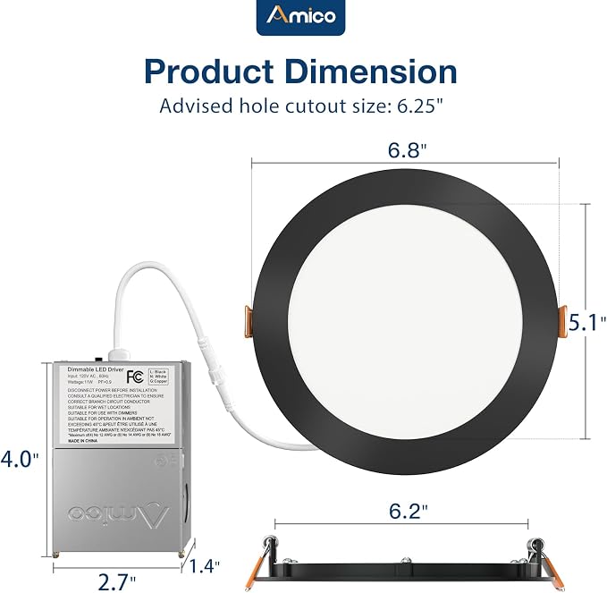 Amico 20 Pack 6 Inch LED Recessed Light with Junction Box, 5CCT, 1050LM | 12W, 2700K-5000K, 5%-100% Dimmable, 120V, Black, Metal Housing, Ultra-Thin Canless Wafer Downlight, ETL, FCC, IC & Damp Rated