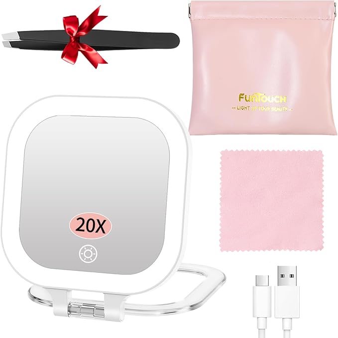 FUNTOUCH Rechargeable Travel Makeup Mirror, 20X/1X Magnifying Double Sided Makeup Mirror, Lighted Portable Vanity Mirror,3 Colors Lighting & Stepless Dimming,with Tweezers & Bag,Gift for Women,White