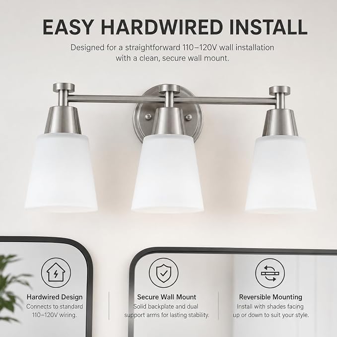 3-Light Bathroom Vanity Light, Brushed Nickel Finish with Milk Glass Shades, Over Mirror, for Bathroom Vanity