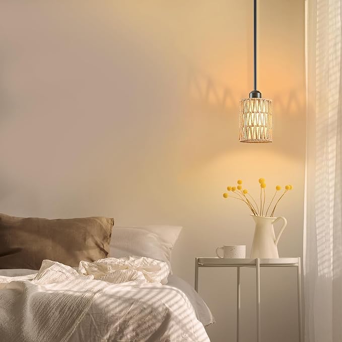 Pendant Light Boho Hanging Lamp - Rattan & Linen 2-in-1 Shade, Adjustable Hanging Lights Fixture for Kitchen Island, Dining Room, Farmhouse, Bedroom (1 Pack)